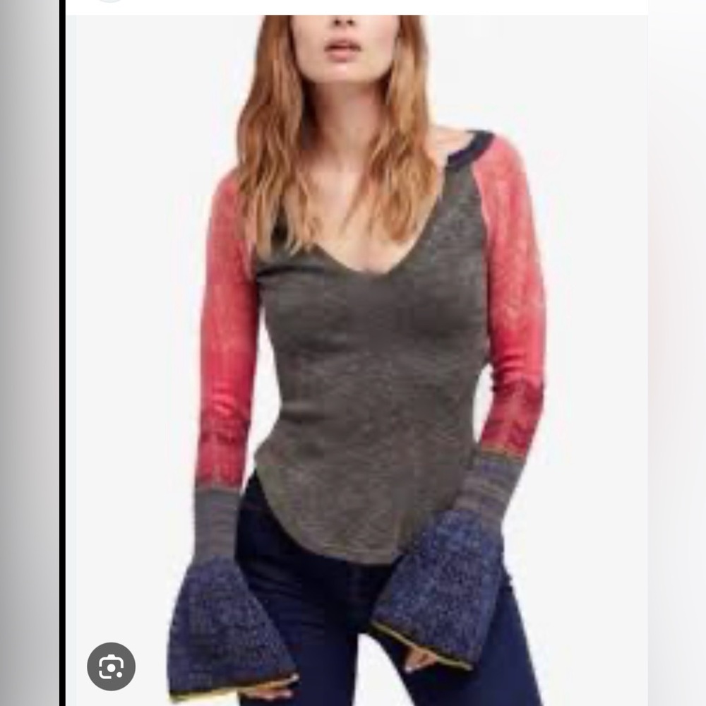 We the Free Green top with beautiful multicolor Knit Bell Sleeves